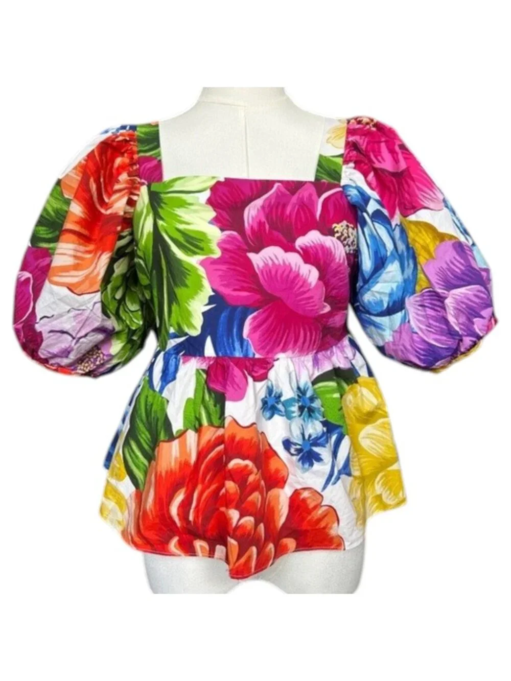 Farm Rio Chita Floral Peplum Top Puff Sleeve Square Neck XS